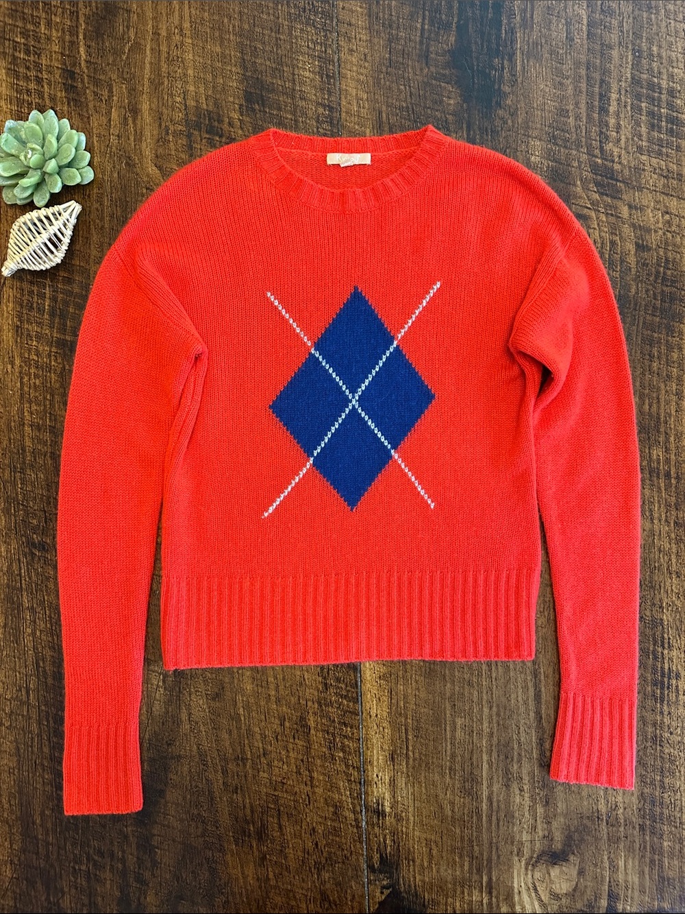 Kier + J | Preppy Red Argyle 100% Cashmere Crewneck Sweater, Size S
